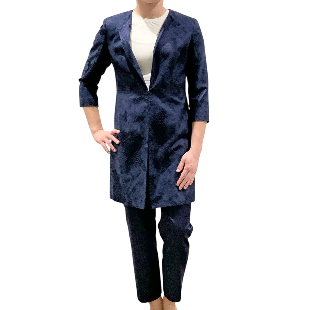 Talbots Petites Navy Blue Brocade Jacquard Collarless Long Jacket Coat Pant Suit - Picture 2 of 10